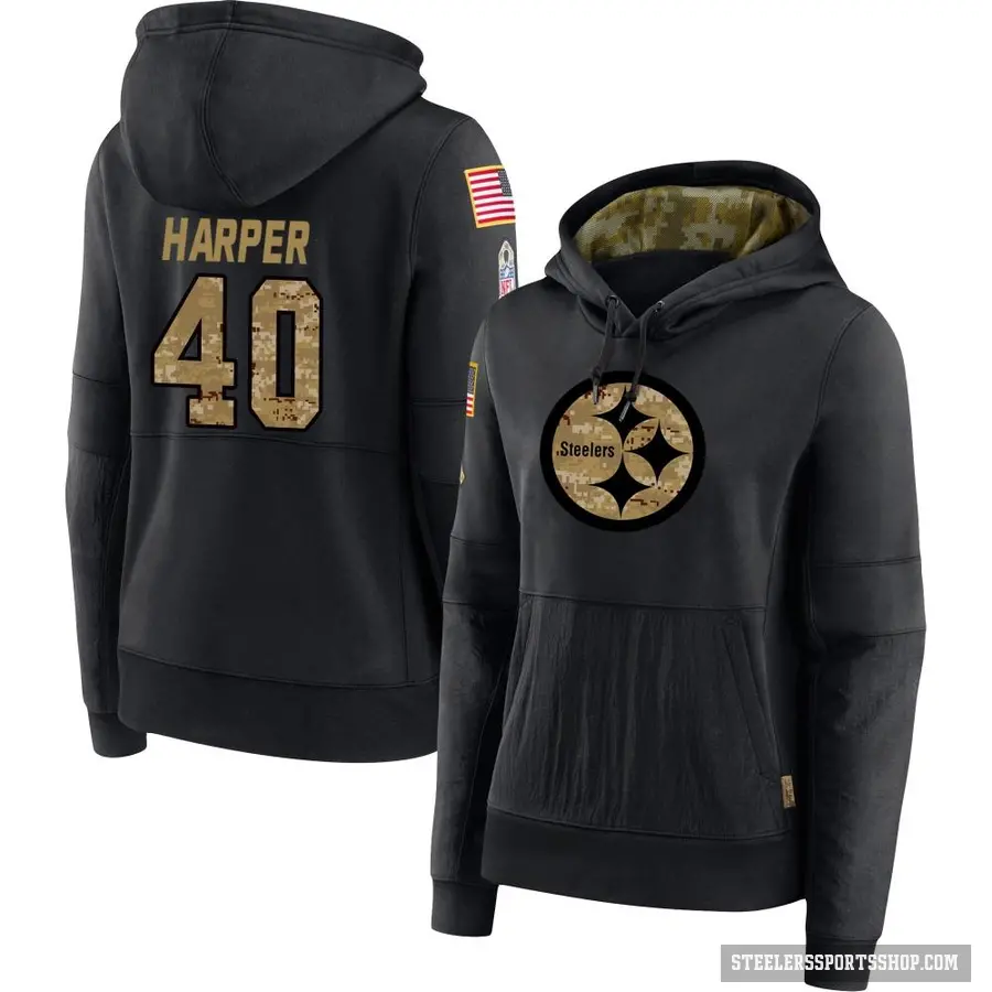 Women's ＃40 Devin Harper Pittsburgh Steelers Black 2020 Salute to Service Sideline Performance Pullover Hoodie