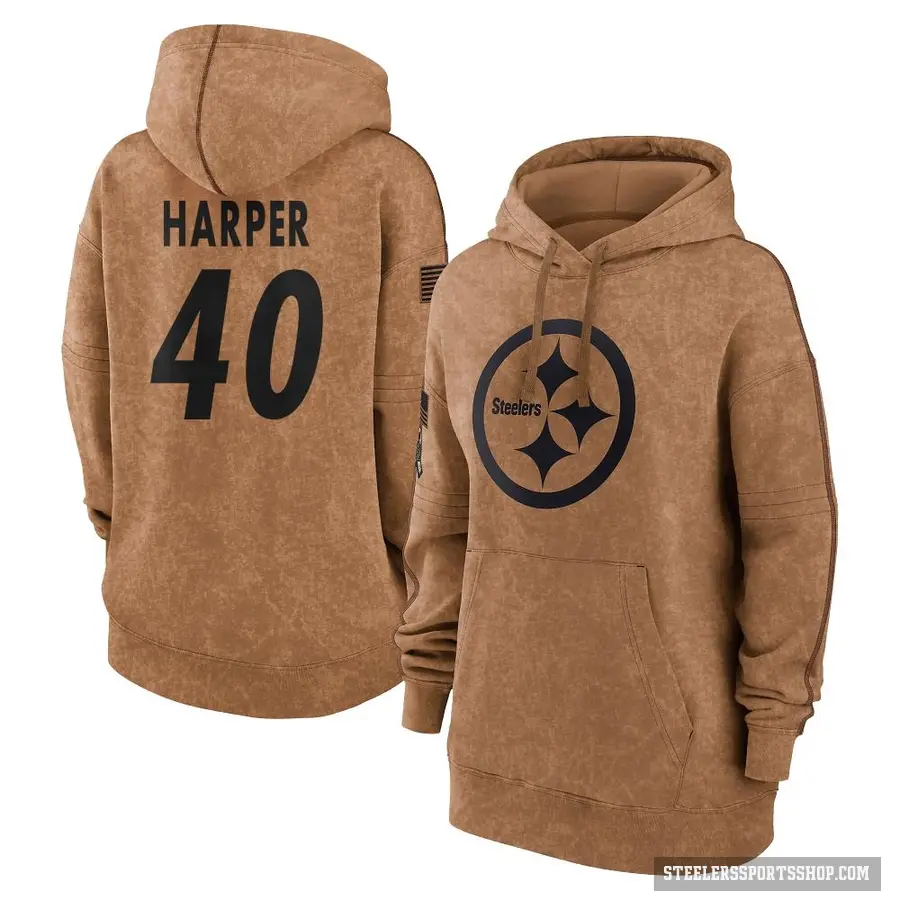 Women's ＃40 Devin Harper Pittsburgh Steelers Brown 2023 Salute To Service Pullover Hoodie