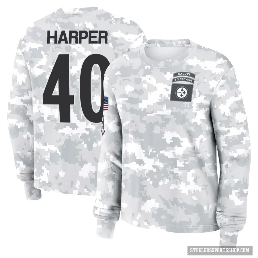 Women's ＃40 Devin Harper Pittsburgh Steelers Camo Arctic 2024 Salute to Service Long Sleeve T-Shirt