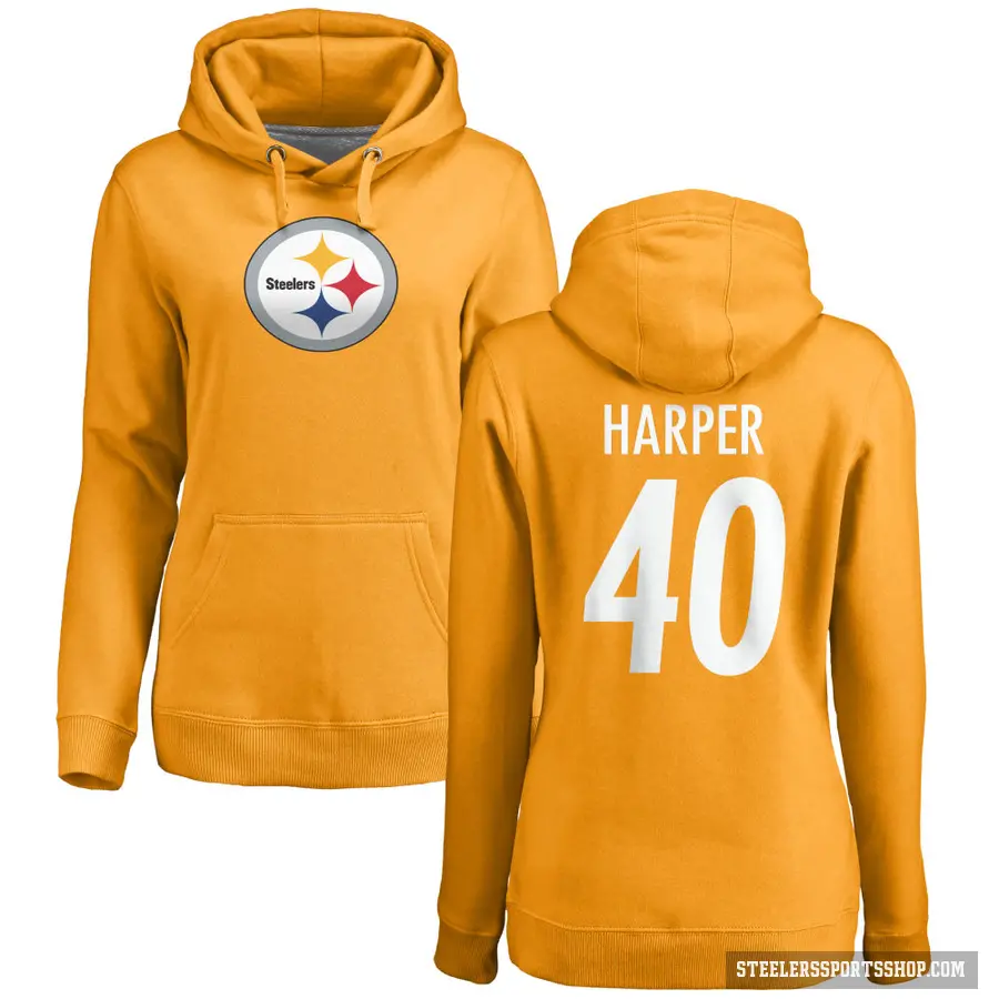 Women's ＃40 Devin Harper Pittsburgh Steelers Gold Pro Line Name & Number Logo Pullover Hoodie