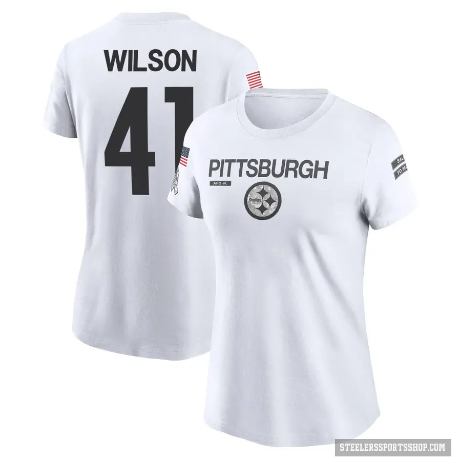 Women's ＃41 Payton Wilson Pittsburgh Steelers White 2024 Salute to Service Performance T-Shirt