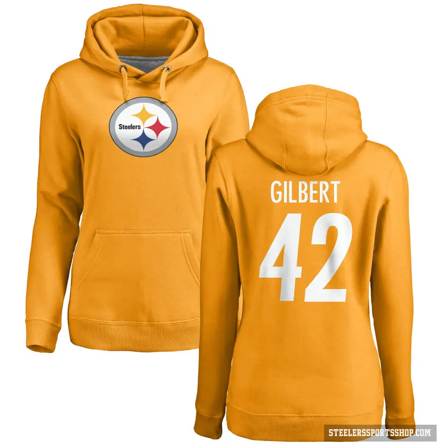 Women's ＃42 Zyon Gilbert Pittsburgh Steelers Gold Pro Line Name & Number Logo Pullover Hoodie