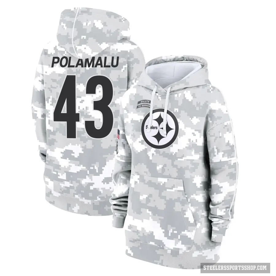 Women's ＃43 Troy Polamalu Pittsburgh Steelers Arctic Camo 2024 Salute to Service Club Fleece Pullover Hoodie