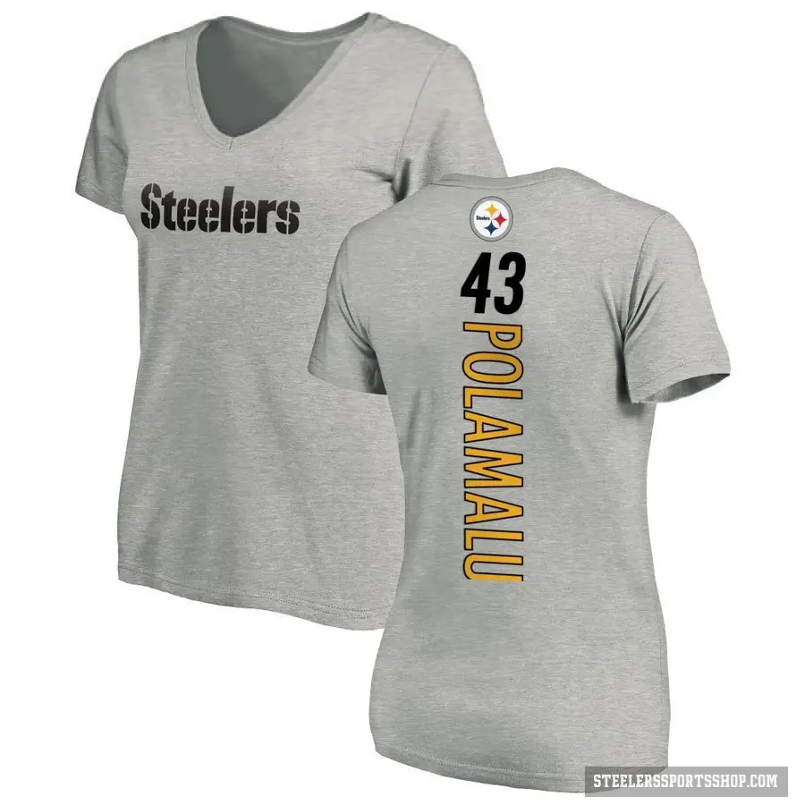 Women's ＃43 Troy Polamalu Pittsburgh Steelers Ash Backer V-Neck T-Shirt