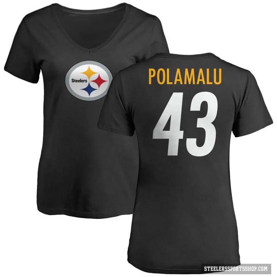 Women's ＃43 Troy Polamalu Pittsburgh Steelers Black Logo Slim Fit T-Shirt