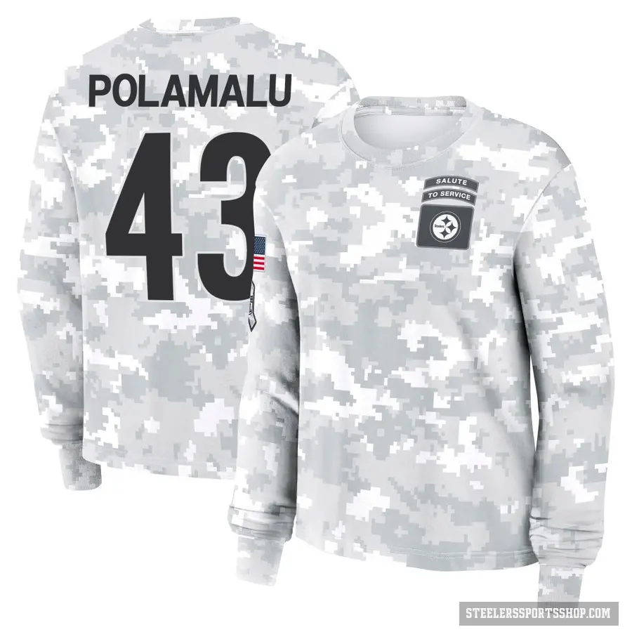 Women's ＃43 Troy Polamalu Pittsburgh Steelers Camo Arctic 2024 Salute to Service Long Sleeve T-Shirt