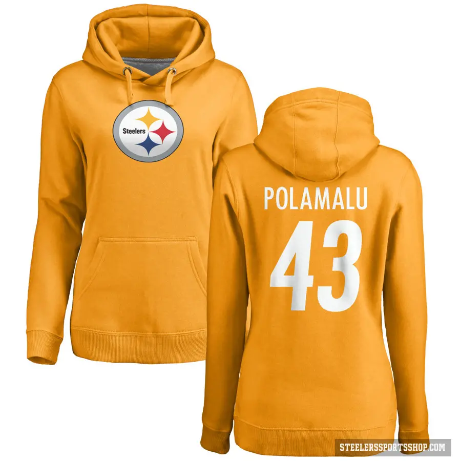 Women's ＃43 Troy Polamalu Pittsburgh Steelers Gold Pro Line Name & Number Logo Pullover Hoodie