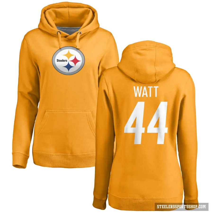 Women's ＃44 Derek Watt Pittsburgh Steelers Gold Pro Line Name & Number Logo Pullover Hoodie