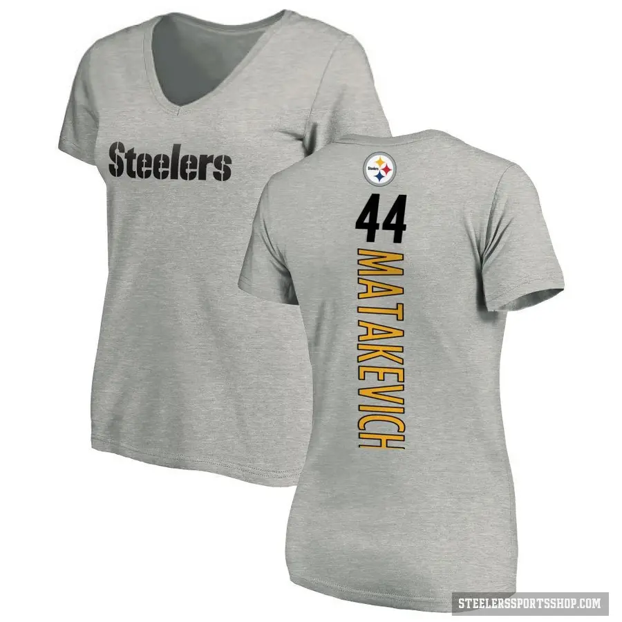 Women's ＃44 Tyler Matakevich Pittsburgh Steelers Ash Backer V-Neck T-Shirt