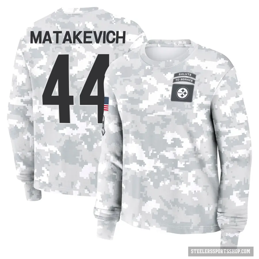 Women's ＃44 Tyler Matakevich Pittsburgh Steelers Camo Arctic 2024 Salute to Service Long Sleeve T-Shirt