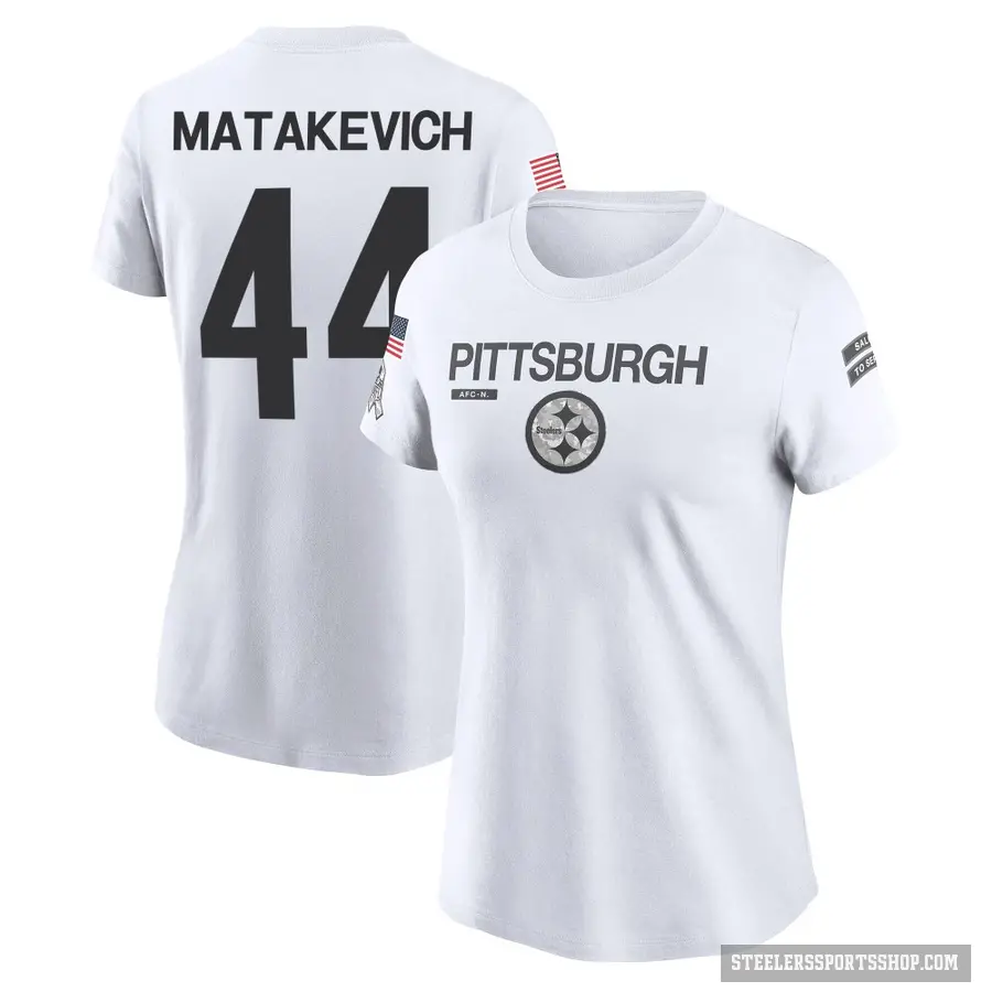 Women's ＃44 Tyler Matakevich Pittsburgh Steelers White 2024 Salute to Service Performance T-Shirt