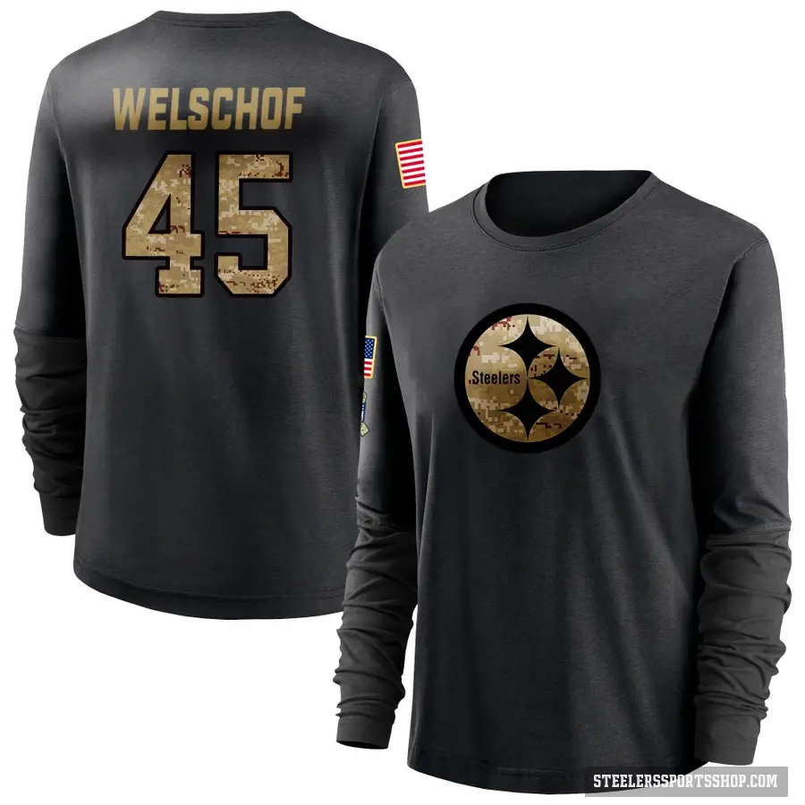 Women's ＃45 Julius Welschof Pittsburgh Steelers Black 2020 Salute To Service Sideline Performance Long Sleeve T-Shirt