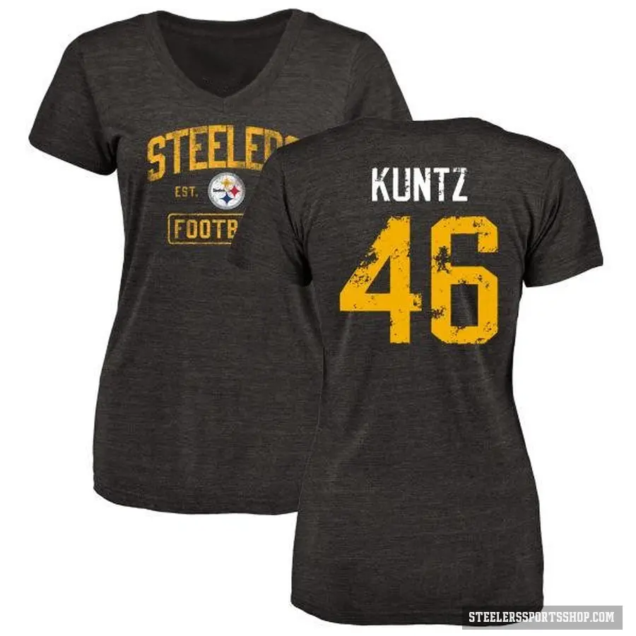 Women's ＃46 Christian Kuntz Pittsburgh Steelers Black Distressed V-Neck T-Shirt