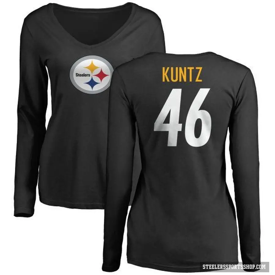 Women's ＃46 Christian Kuntz Pittsburgh Steelers Black Logo Slim Fit Long Sleeve T-Shirt