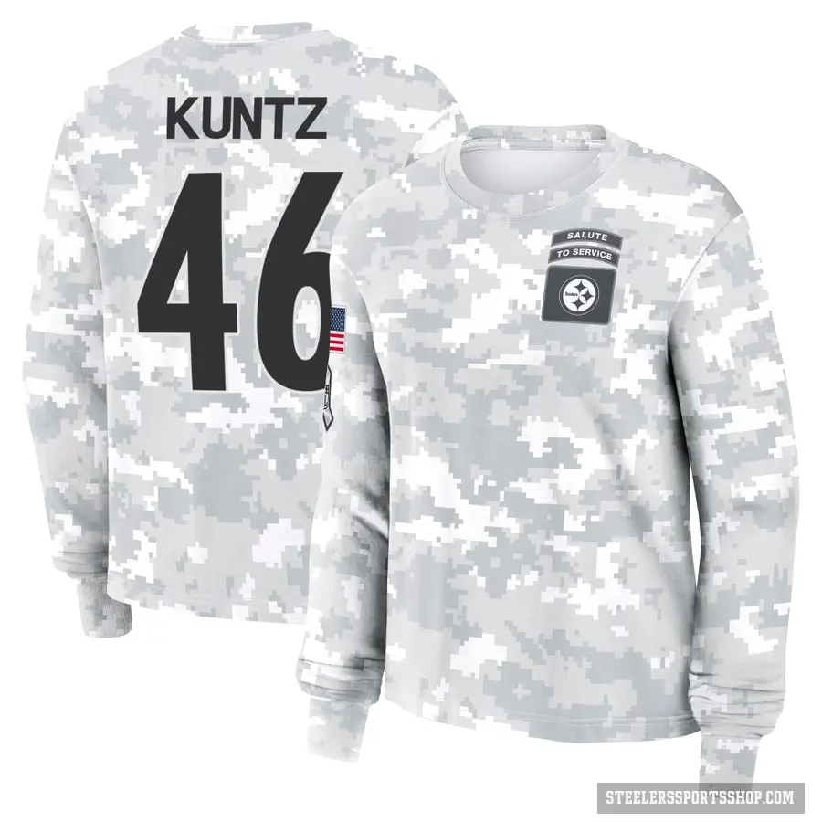 Women's ＃46 Christian Kuntz Pittsburgh Steelers Camo Arctic 2024 Salute to Service Long Sleeve T-Shirt