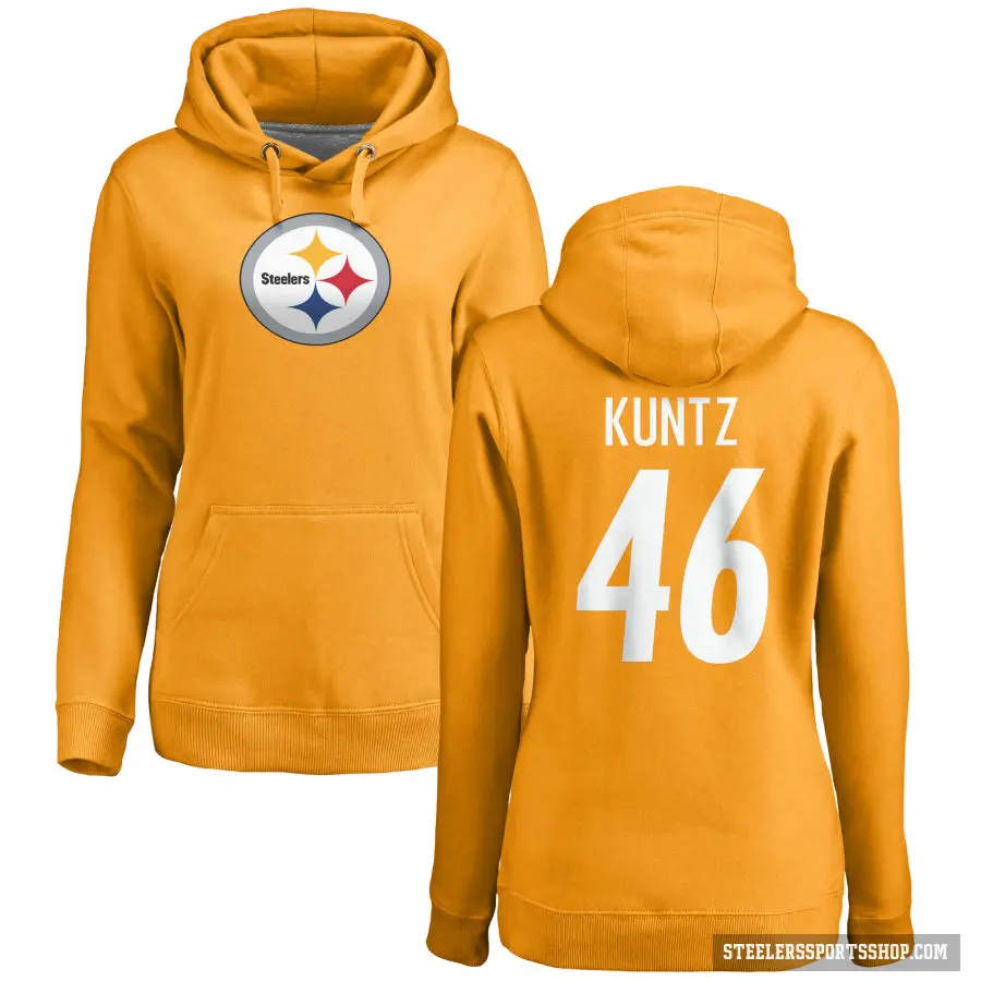 Women's ＃46 Christian Kuntz Pittsburgh Steelers Gold Pro Line Name & Number Logo Pullover Hoodie