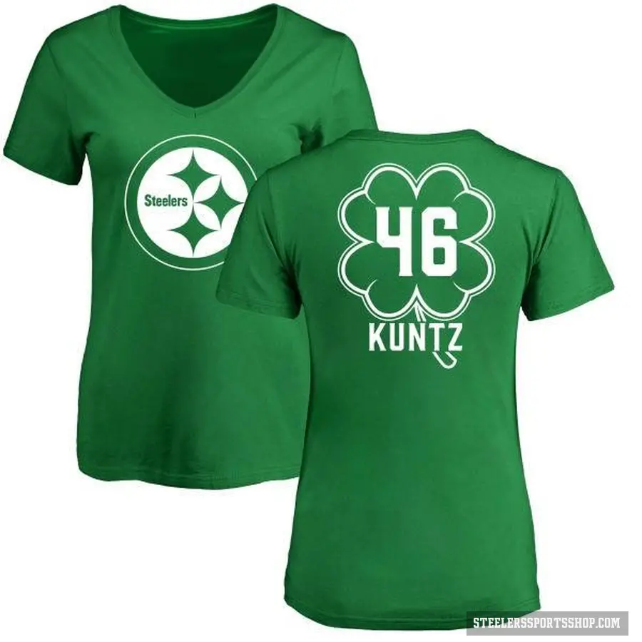 Women's ＃46 Christian Kuntz Pittsburgh Steelers Green St. Patrick's Day V-Neck T-Shirt