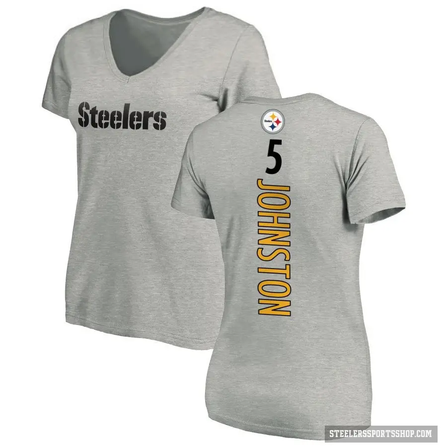 Women's ＃5 Cameron Johnston Pittsburgh Steelers Ash Backer V-Neck T-Shirt