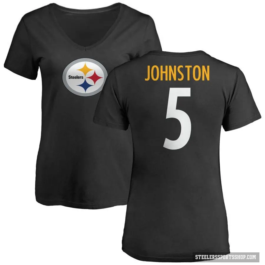 Women's ＃5 Cameron Johnston Pittsburgh Steelers Black Logo Slim Fit T-Shirt