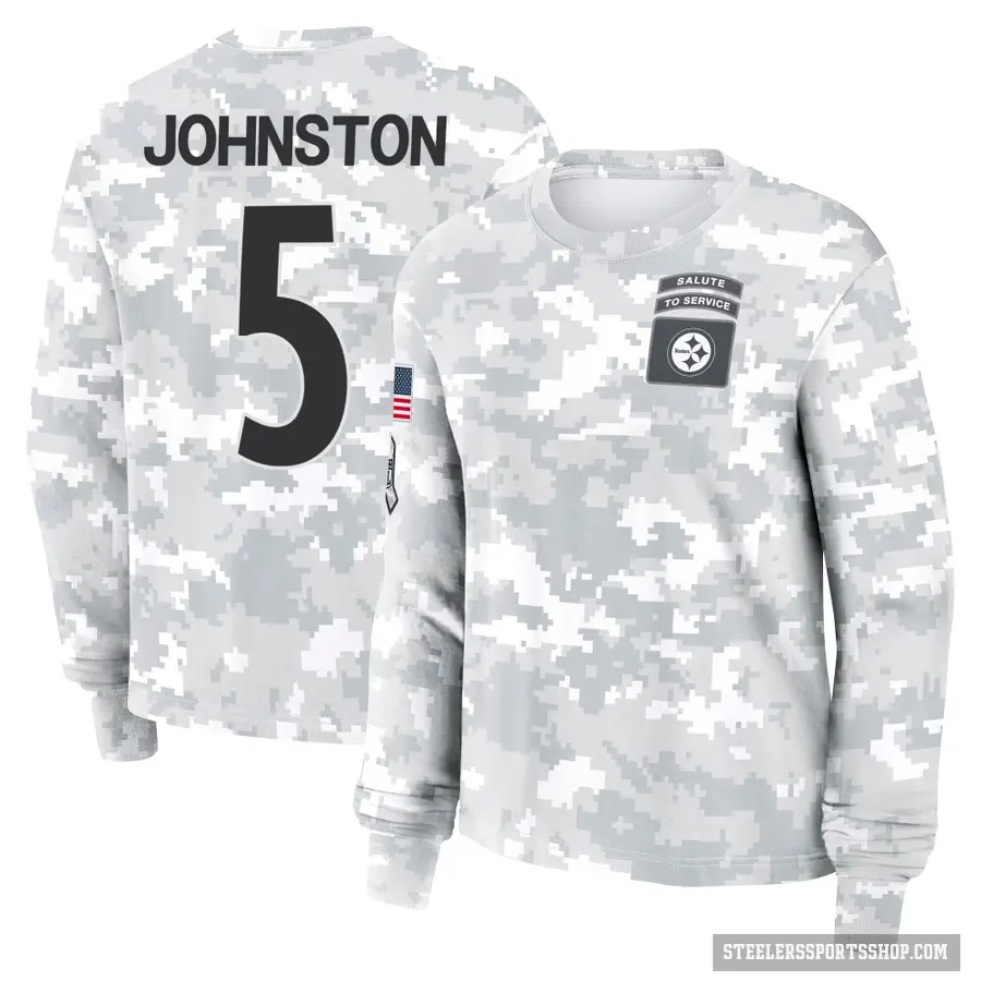 Women's ＃5 Cameron Johnston Pittsburgh Steelers Camo Arctic 2024 Salute to Service Long Sleeve T-Shirt