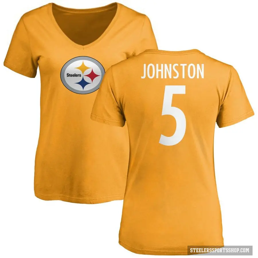 Women's ＃5 Cameron Johnston Pittsburgh Steelers Gold Logo Slim Fit T-Shirt