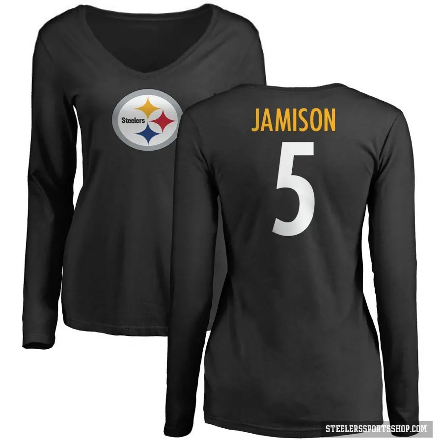 Women's ＃5 D'Shawn Jamison Pittsburgh Steelers Black Logo Slim Fit Long Sleeve T-Shirt