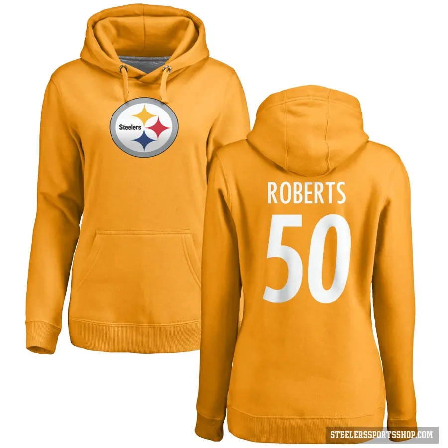 Women's ＃50 Elandon Roberts Pittsburgh Steelers Gold Pro Line Name & Number Logo Pullover Hoodie