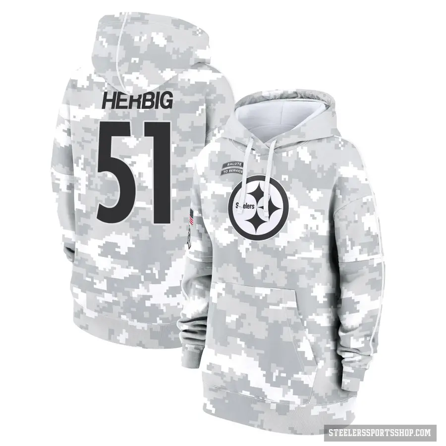 Women's ＃51 Nick Herbig Pittsburgh Steelers Arctic Camo 2024 Salute to Service Club Fleece Pullover Hoodie