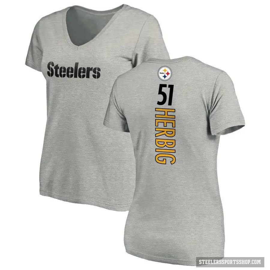 Women's ＃51 Nick Herbig Pittsburgh Steelers Ash Backer V-Neck T-Shirt