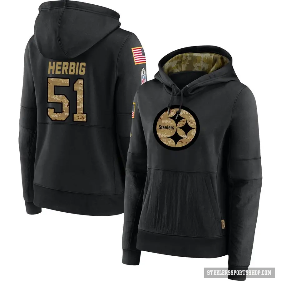 Women's ＃51 Nick Herbig Pittsburgh Steelers Black 2020 Salute to Service Sideline Performance Pullover Hoodie