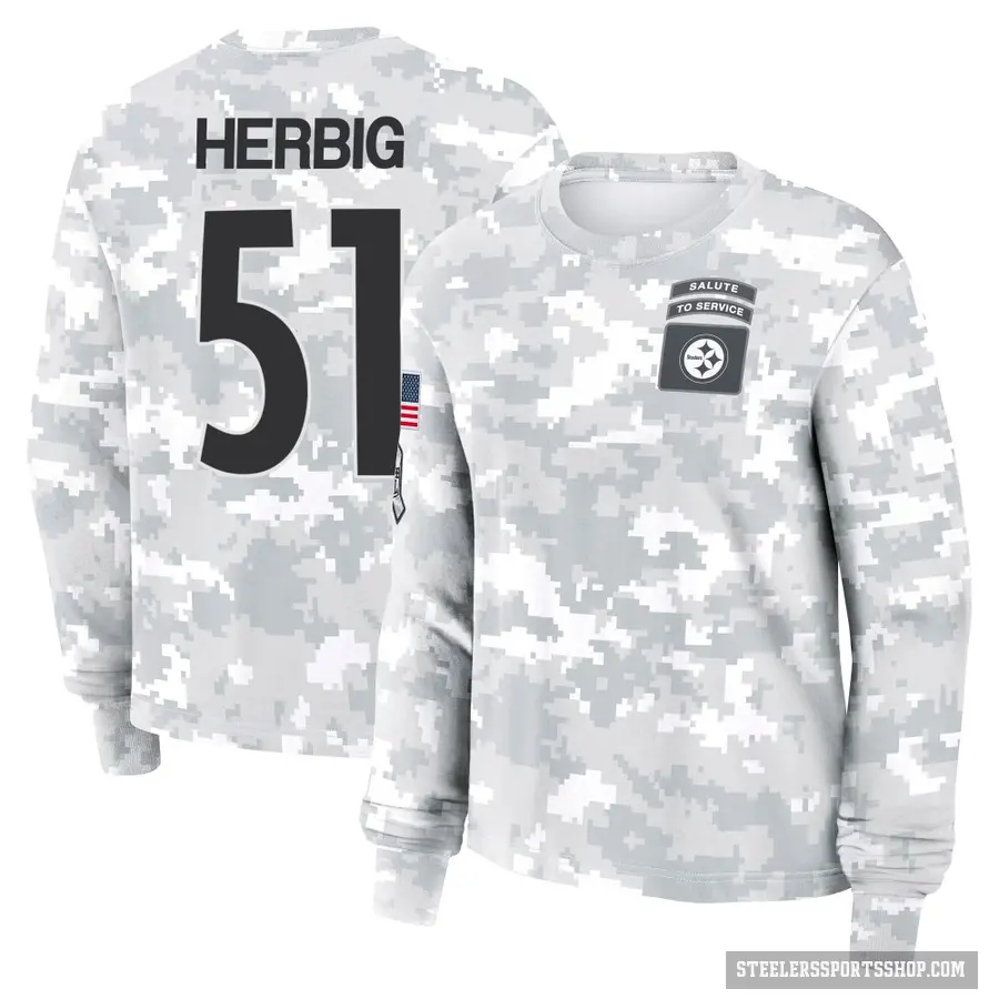 Women's ＃51 Nick Herbig Pittsburgh Steelers Camo Arctic 2024 Salute to Service Long Sleeve T-Shirt