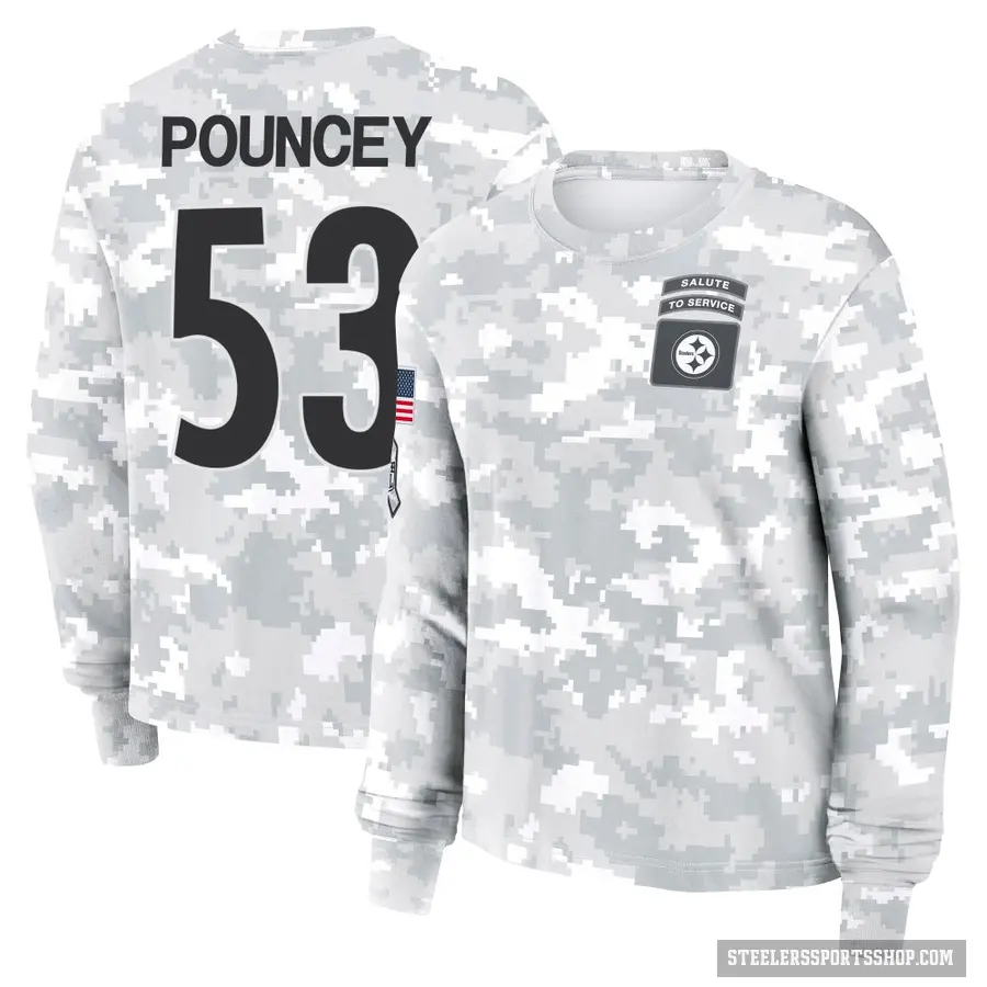 Women's ＃53 Maurkice Pouncey Pittsburgh Steelers Camo Arctic 2024 Salute to Service Long Sleeve T-Shirt