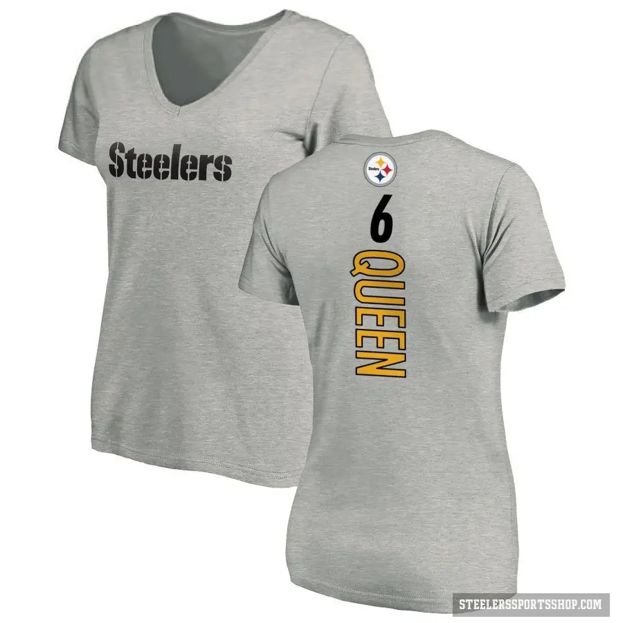 Women's ＃6 Patrick Queen Pittsburgh Steelers Ash Backer V-Neck T-Shirt