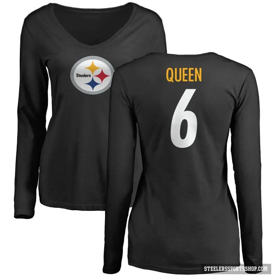 Women's ＃6 Patrick Queen Pittsburgh Steelers Black Logo Slim Fit Long Sleeve T-Shirt