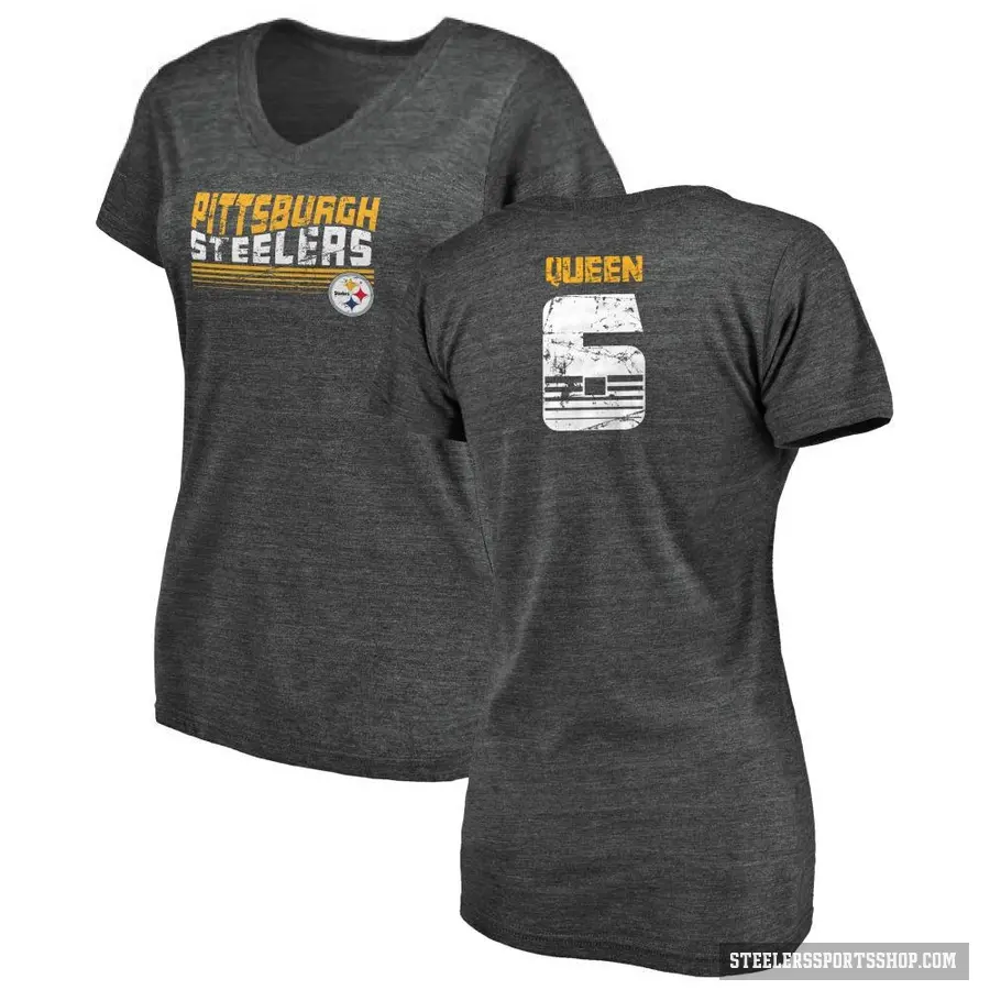 Women's ＃6 Patrick Queen Pittsburgh Steelers Black Retro V-Neck T-Shirt