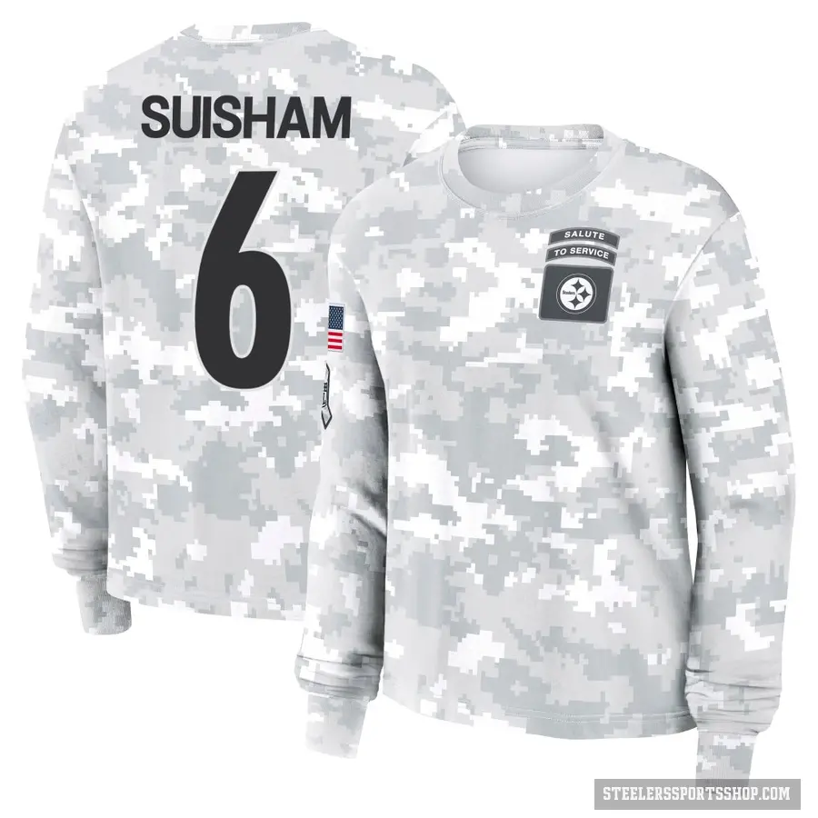 Women's ＃6 Shaun Suisham Pittsburgh Steelers Camo Arctic 2024 Salute to Service Long Sleeve T-Shirt