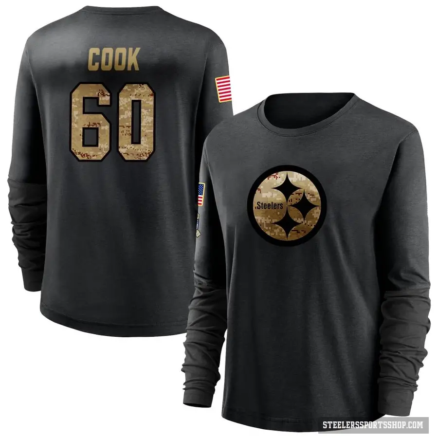 Women's ＃60 Dylan Cook Pittsburgh Steelers Black 2020 Salute To Service Sideline Performance Long Sleeve T-Shirt