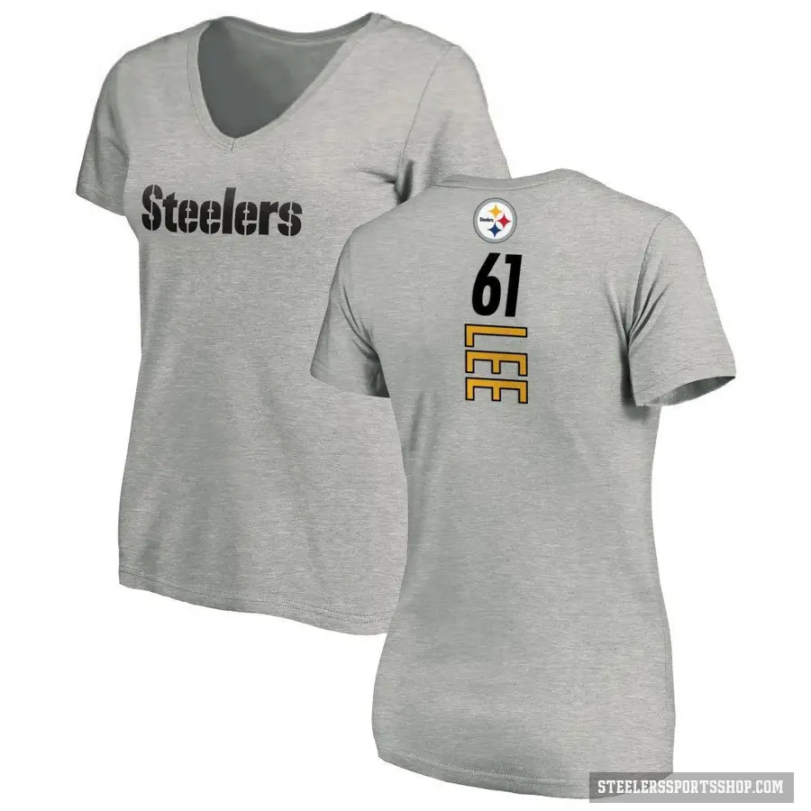 Women's ＃61 Logan Lee Pittsburgh Steelers Ash Backer V-Neck T-Shirt