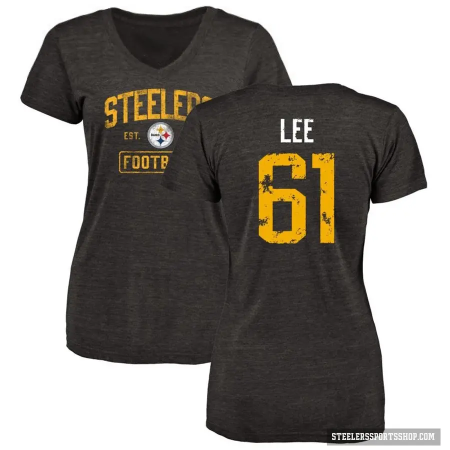 Women's ＃61 Logan Lee Pittsburgh Steelers Black Distressed V-Neck T-Shirt