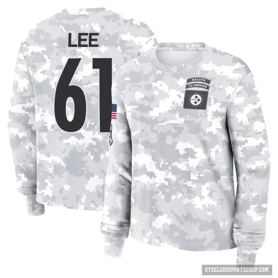 Women's ＃61 Logan Lee Pittsburgh Steelers Camo Arctic 2024 Salute to Service Long Sleeve T-Shirt