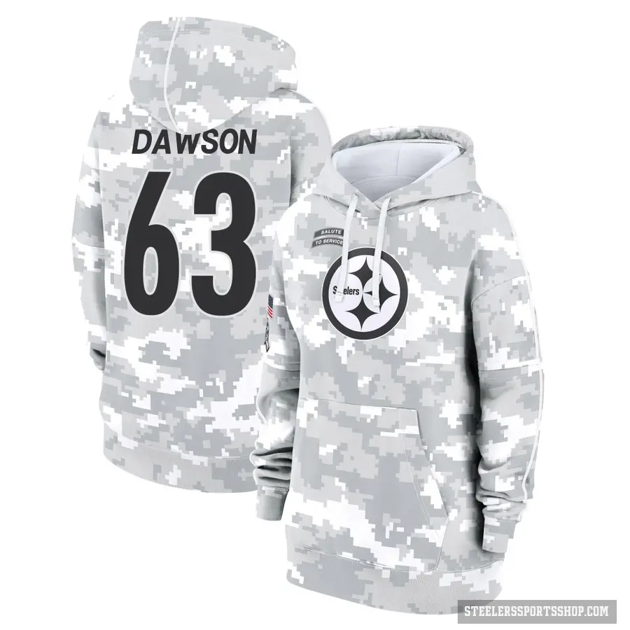 Women's ＃63 Dermontti Dawson Pittsburgh Steelers Arctic Camo 2024 Salute to Service Club Fleece Pullover Hoodie