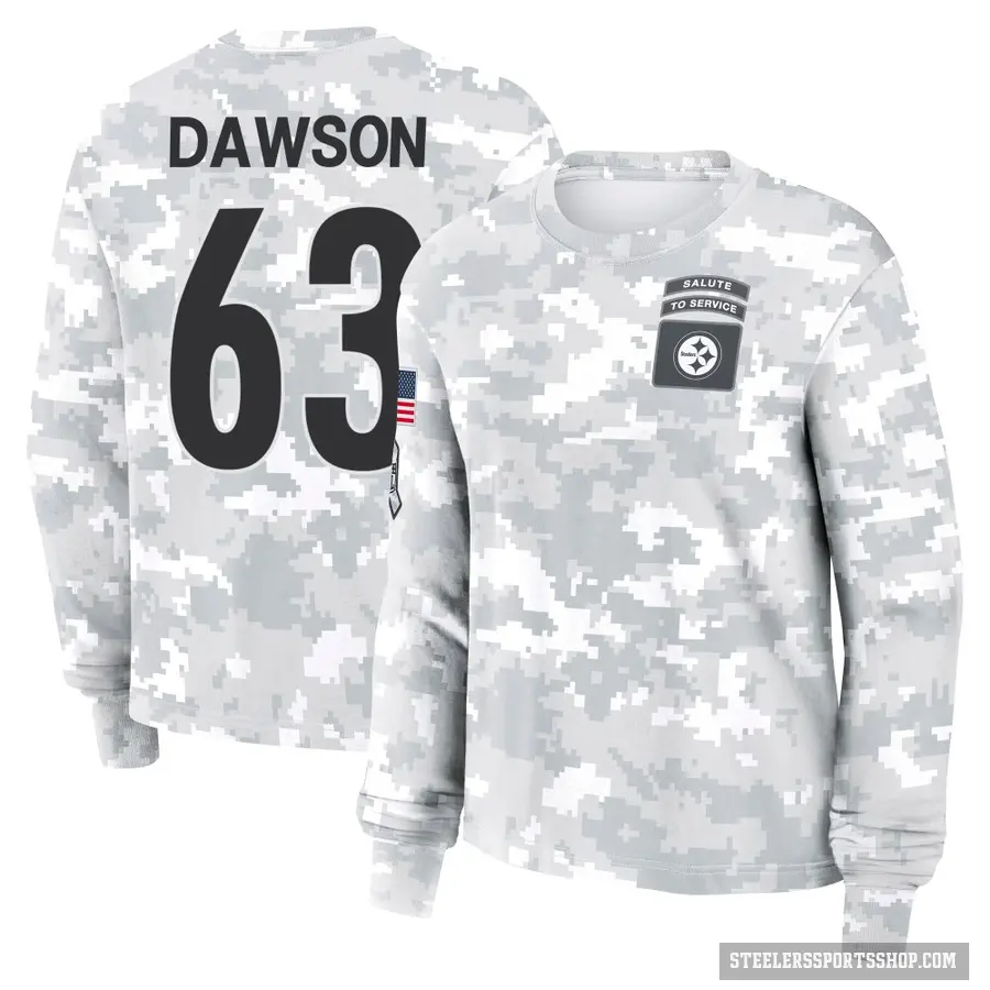 Women's ＃63 Dermontti Dawson Pittsburgh Steelers Camo Arctic 2024 Salute to Service Long Sleeve T-Shirt