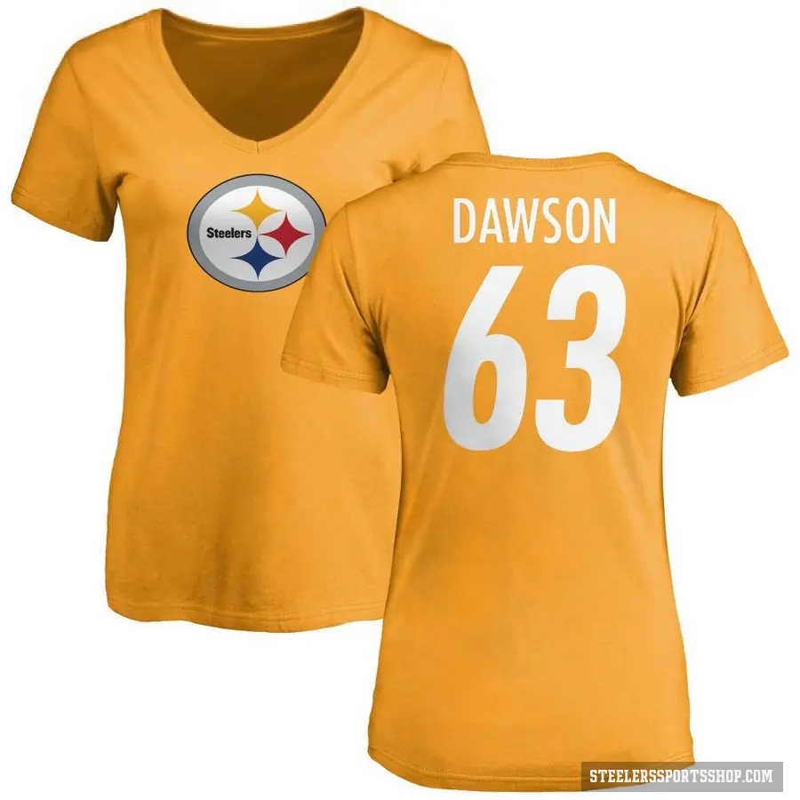 Women's ＃63 Dermontti Dawson Pittsburgh Steelers Gold Logo Slim Fit T-Shirt