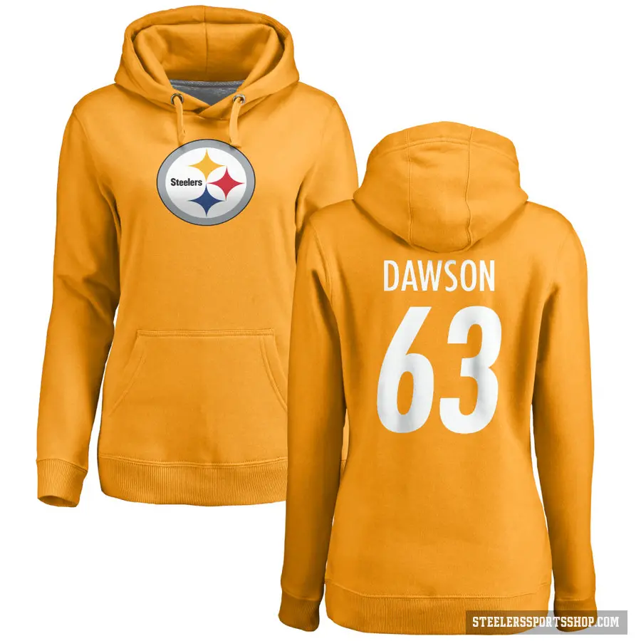 Women's ＃63 Dermontti Dawson Pittsburgh Steelers Gold Pro Line Name & Number Logo Pullover Hoodie