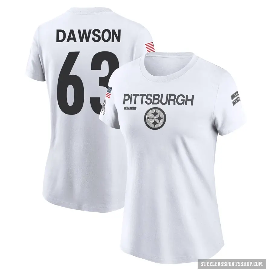 Women's ＃63 Dermontti Dawson Pittsburgh Steelers White 2024 Salute to Service Performance T-Shirt