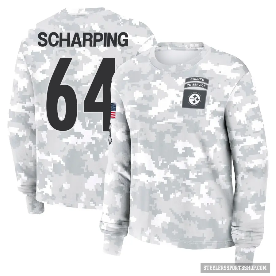 Women's ＃64 Max Scharping Pittsburgh Steelers Camo Arctic 2024 Salute to Service Long Sleeve T-Shirt