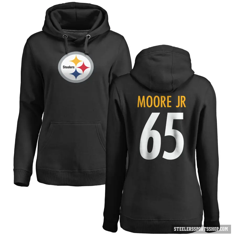 Women's ＃65 Dan Moore Jr. Pittsburgh Steelers Black Pro Line Logo Pullover Hoodie