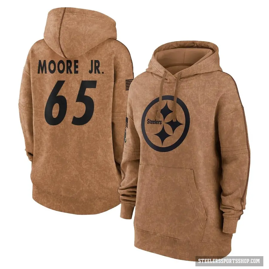 Women's ＃65 Dan Moore Jr. Pittsburgh Steelers Brown 2023 Salute To Service Pullover Hoodie