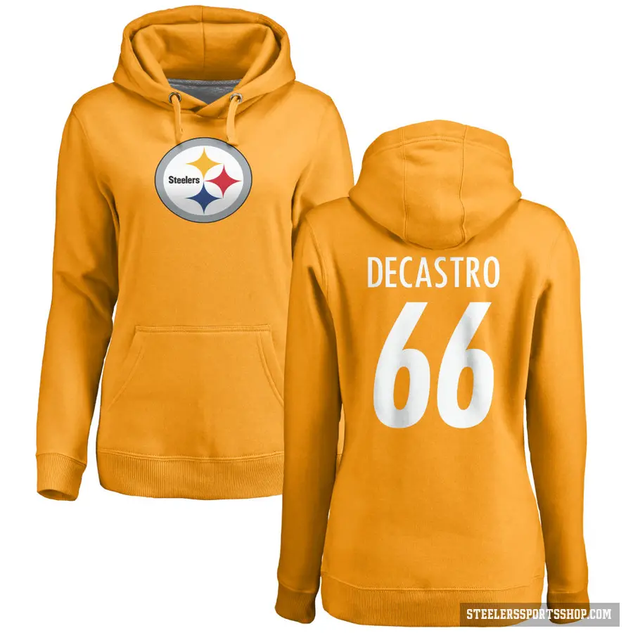 Women's ＃66 David DeCastro Pittsburgh Steelers Gold Pro Line Name & Number Logo Pullover Hoodie