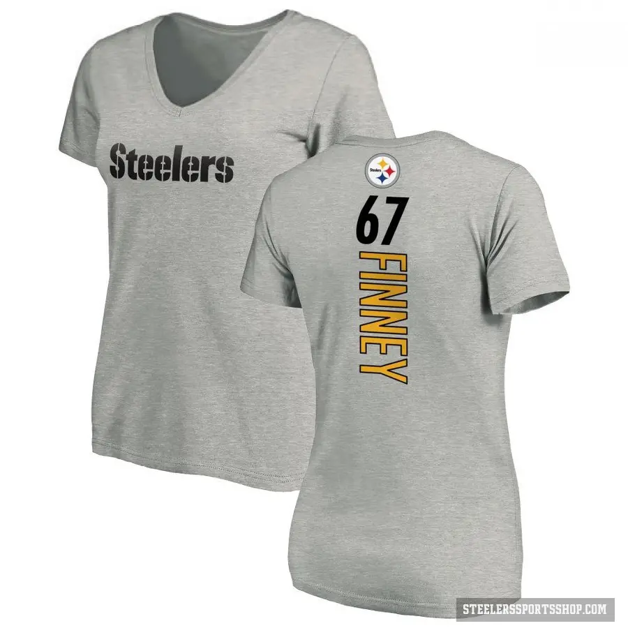 Women's ＃67 B.J. Finney Pittsburgh Steelers Ash Backer V-Neck T-Shirt